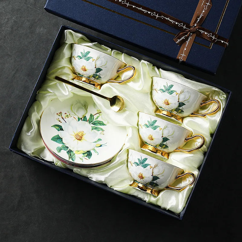 Exquisite Bone China Coffee Cup and Dish Gift Box Set, Afternoon Tea Set, Camellia Flower Pattern Exquisite Gift Box
